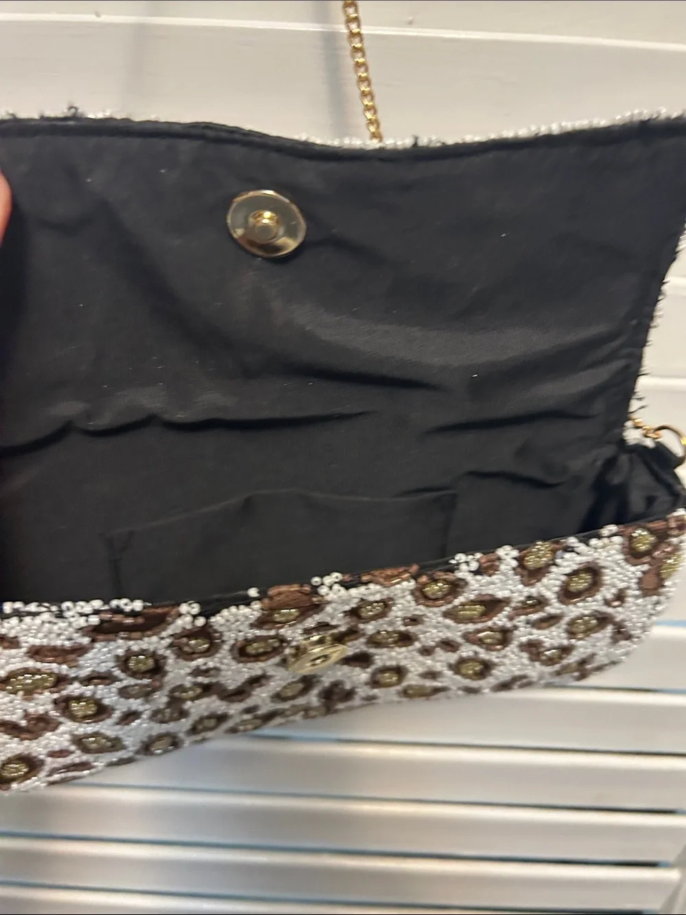 Beaded Floral Accent Leopard-Print Crossbody Clutch - White & Brown